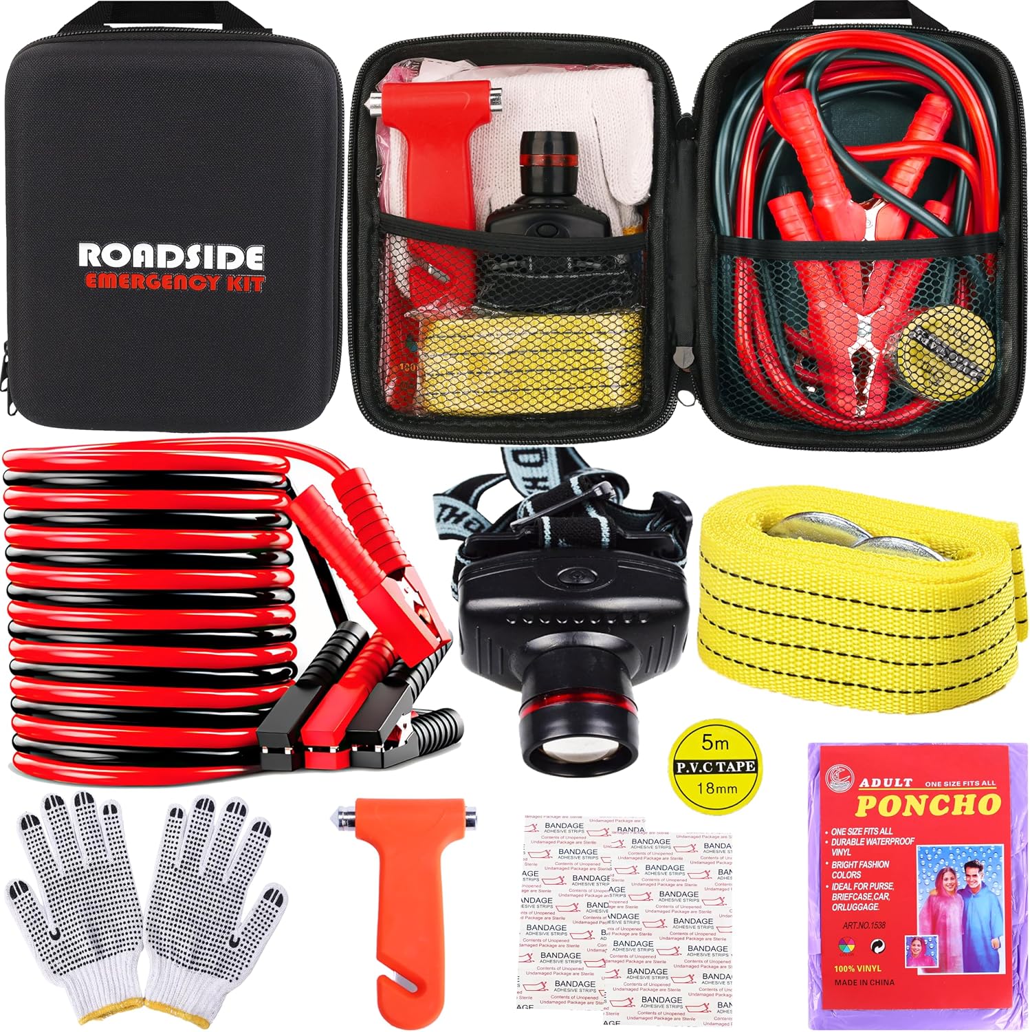 Car Roadside Emergency Kit, with Jumper Cables Automotive Kit,Car Safety Roadside Assistance Kit Headlamp,Tow Straps, Safety Hammers, Rainwear, Gloves.Black