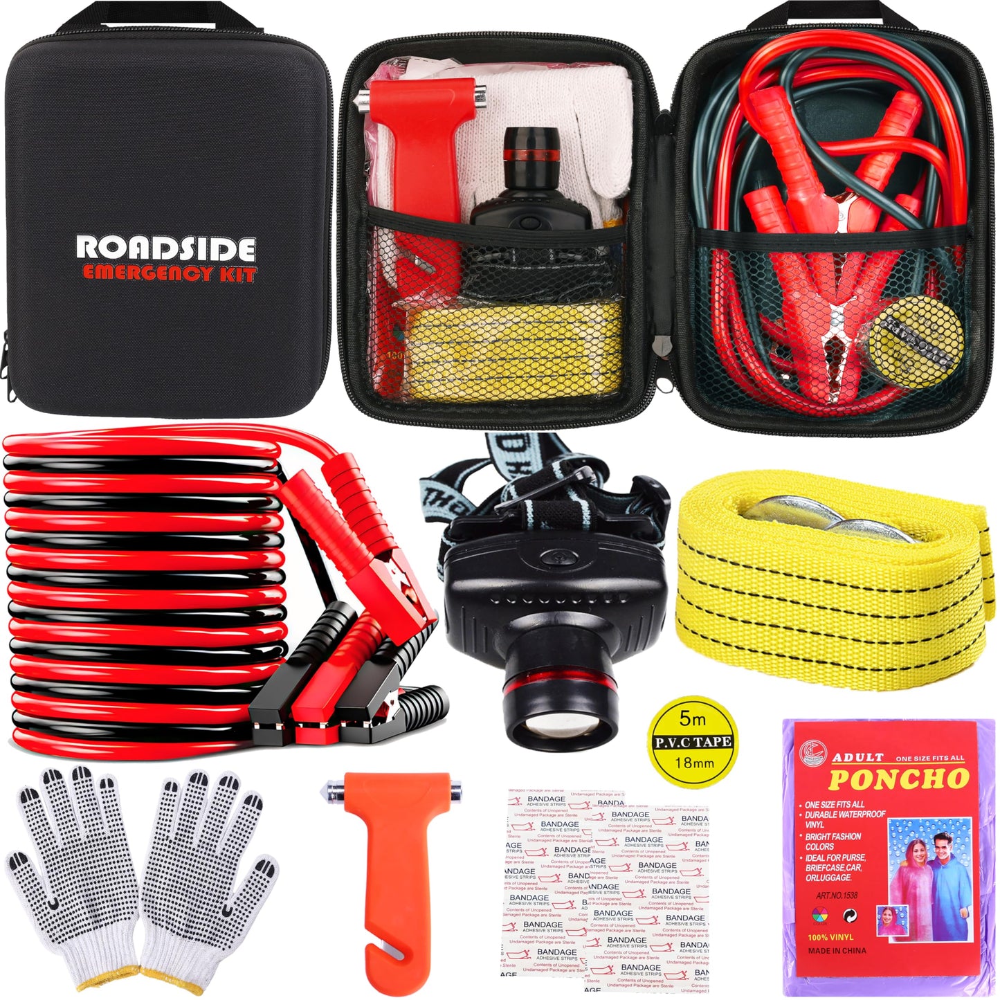 Car Roadside Emergency Kit, with Jumper Cables Automotive Kit,Car Safety Roadside Assistance Kit Headlamp,Tow Straps, Safety Hammers, Rainwear, Gloves.Black