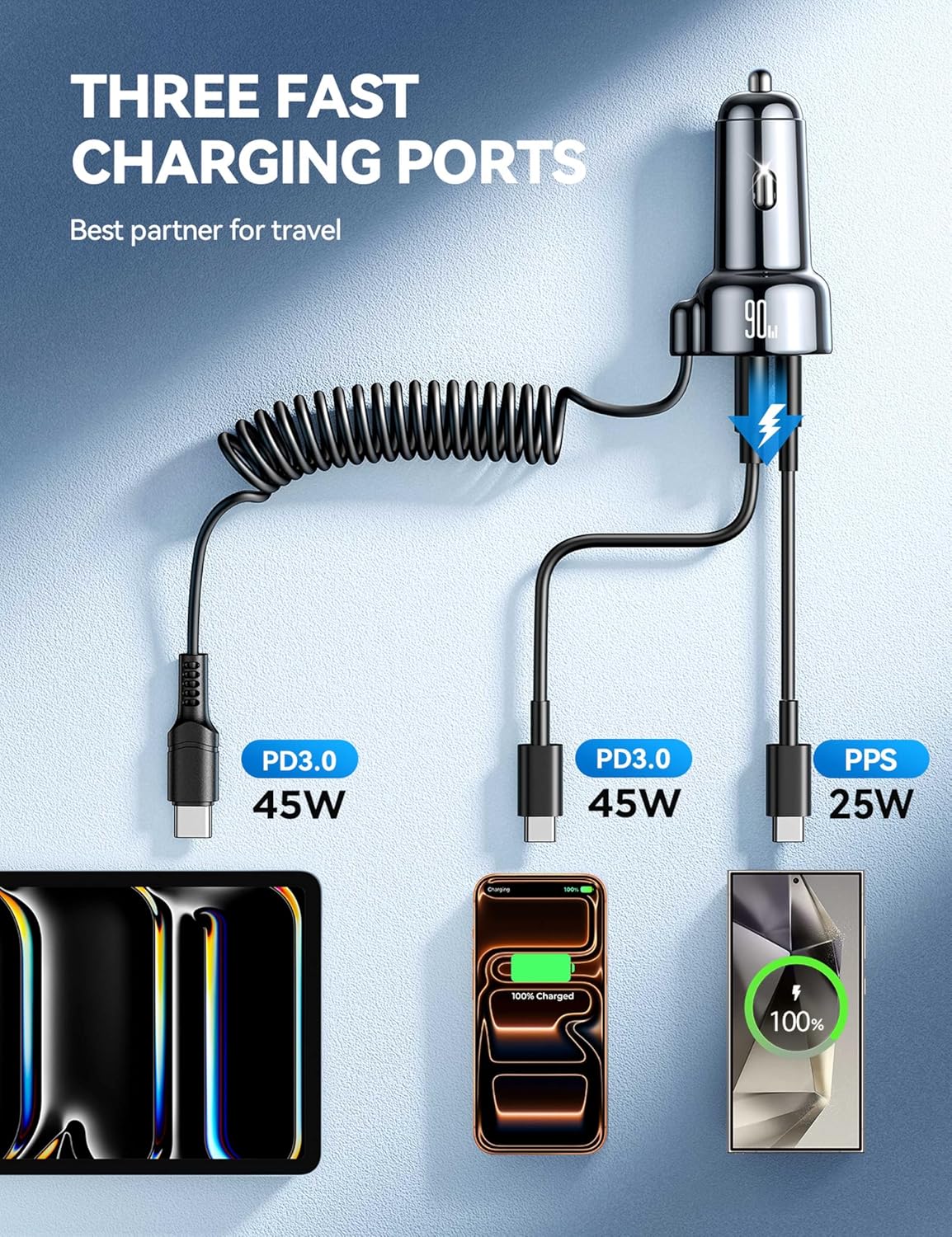 شاحن سيارة 2026 90 واط 3 منافذ USB C، PD3.0 وQC3.0، مقبس ولاعة سجائر USB C فائق السرعة مع 5 قدم [حافظ على الترتيب] كيبل ملفوف سريع 45 واط من النوع C لايفون 17 وسامسونج S25