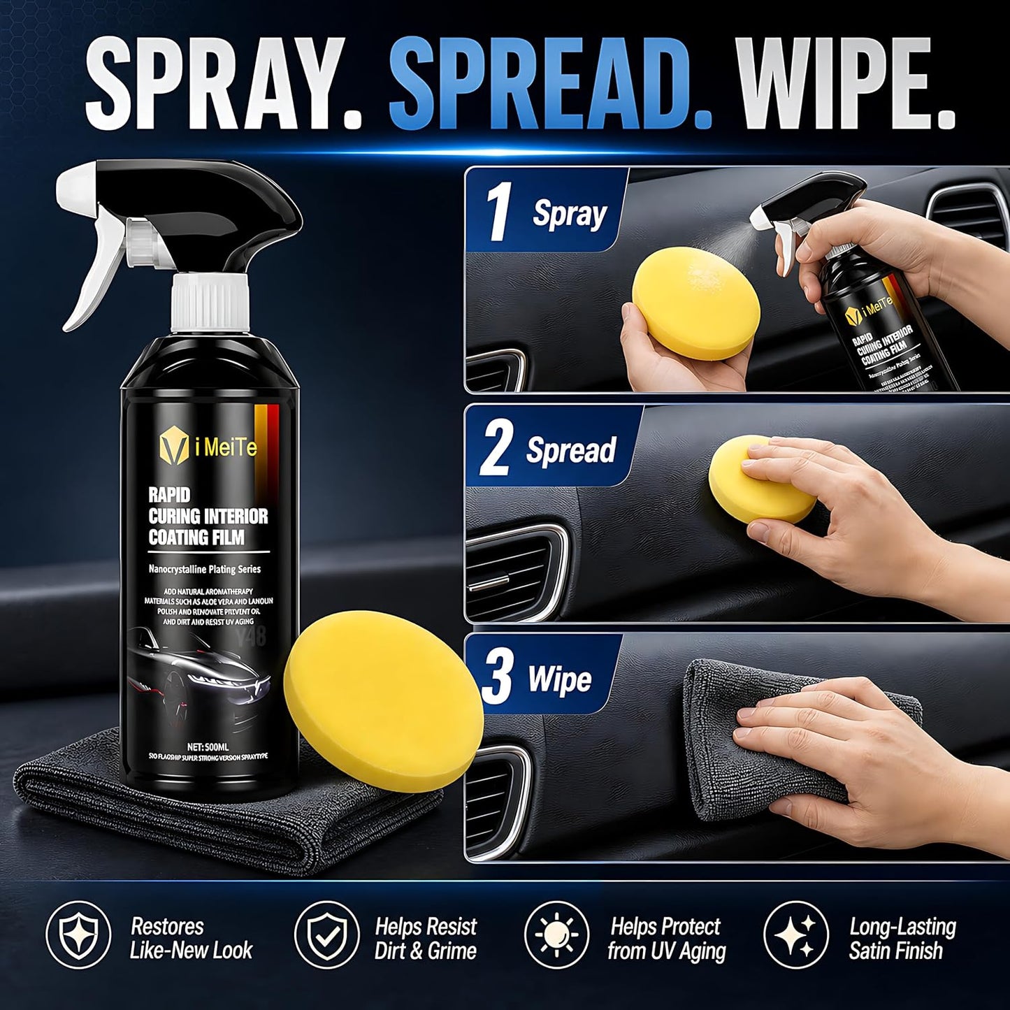 ViBon Car Interior Care Spray Kit, 500ml Dashboard Plastic Leather Trim Detailer with Microfiber Towel and Sponge Pad, Spray and Wipe Interior Coating Film for Car Seats, Door Panels, Console and Trim