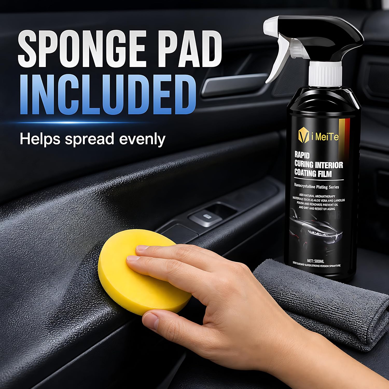 ViBon Car Interior Care Spray Kit, 500ml Dashboard Plastic Leather Trim Detailer with Microfiber Towel and Sponge Pad, Spray and Wipe Interior Coating Film for Car Seats, Door Panels, Console and Trim
