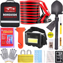 Car Roadside Emergency Kit, with Jumper Cables Automotive Kit,Car Safety Roadside Assistance Kit Headlamp,Tow Straps, Safety Hammers, Rainwear, Gloves.Black