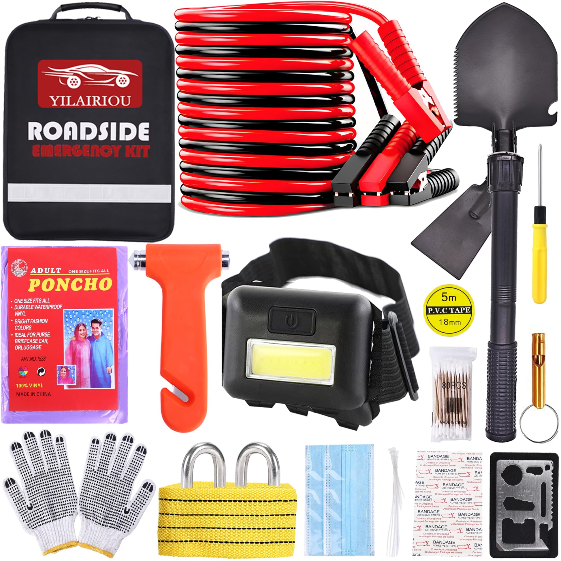 Car Roadside Emergency Kit, with Jumper Cables Automotive Kit,Car Safety Roadside Assistance Kit Headlamp,Tow Straps, Safety Hammers, Rainwear, Gloves.Black