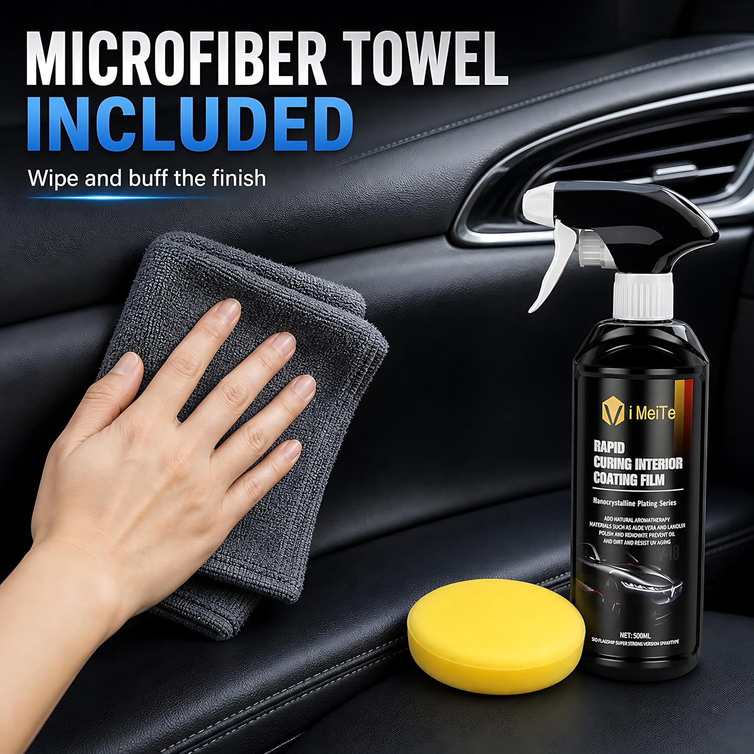 ViBon Car Interior Care Spray Kit, 500ml Dashboard Plastic Leather Trim Detailer with Microfiber Towel and Sponge Pad, Spray and Wipe Interior Coating Film for Car Seats, Door Panels, Console and Trim