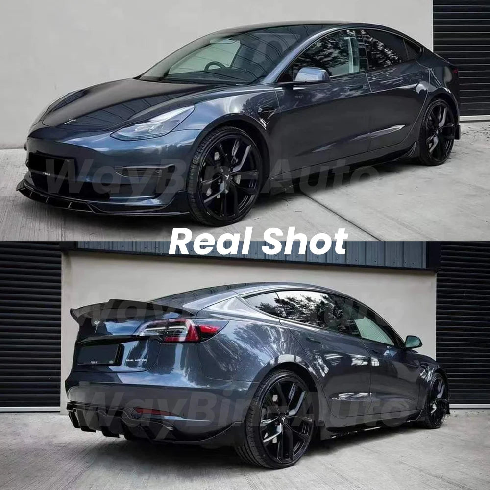 طقم بودي كت كامل لتسلا موديل 3 وModel Y (2017-2024) – فرونت ليب، سايد سكيرت، ديفيوزر خلفي وسبويلر أسود لامع