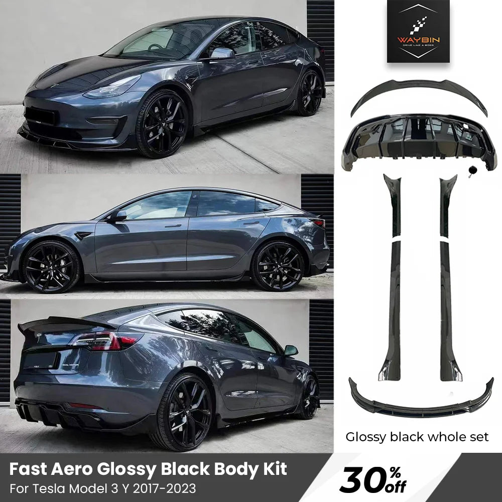 طقم بودي كت كامل لتسلا موديل 3 وModel Y (2017-2024) – فرونت ليب، سايد سكيرت، ديفيوزر خلفي وسبويلر أسود لامع