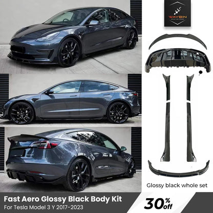 طقم بودي كت كامل لتسلا موديل 3 وModel Y (2017-2024) – فرونت ليب، سايد سكيرت، ديفيوزر خلفي وسبويلر أسود لامع