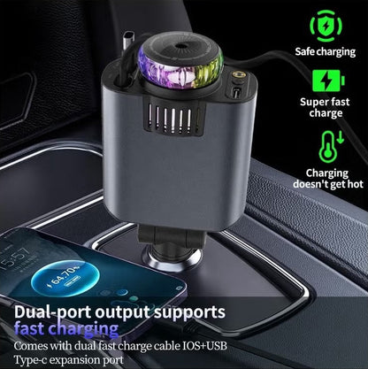 شاحن سيارة 5 في 1 قابل للسحب | USB-C شحن سريع 30W مع معطر وإضاءة نجوم