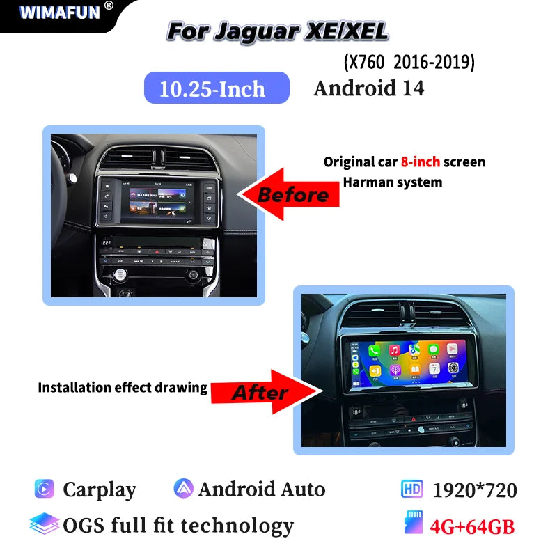 شاشة أندرويد 14 مقاس 10.25 إنش لجاكوار XE / XF / F-PACE