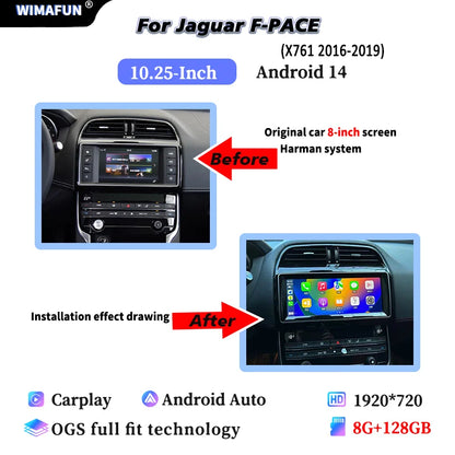 شاشة أندرويد 14 مقاس 10.25 إنش لجاكوار XE / XF / F-PACE