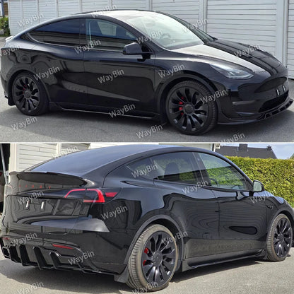 طقم بودي كت كامل لتسلا موديل 3 وModel Y (2017-2024) – فرونت ليب، سايد سكيرت، ديفيوزر خلفي وسبويلر أسود لامع
