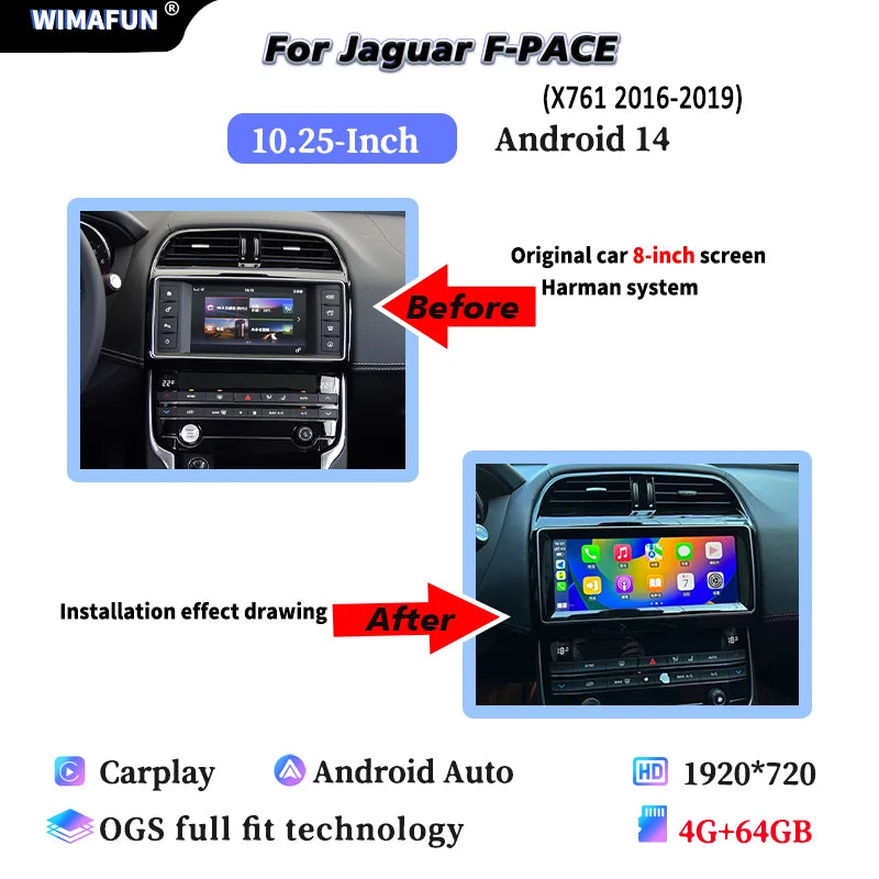شاشة أندرويد 14 مقاس 10.25 إنش لجاكوار XE / XF / F-PACE