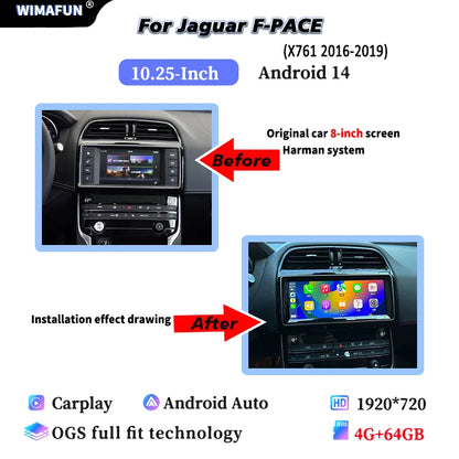 شاشة أندرويد 14 مقاس 10.25 إنش لجاكوار XE / XF / F-PACE